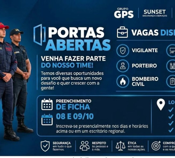 A oportunidade que você esperava: Grupo GPS contrata Vigilante, Controlador, Operador de CFTV, Porteiro Bombeiro Civil e Fiscal de Loja nos dias 08 e 09/10!